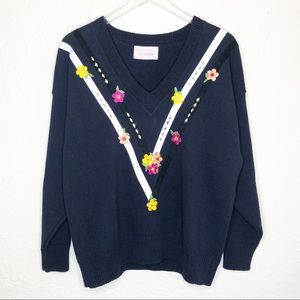 Vintage | Black Floral Embroidered V Neck Sweater
